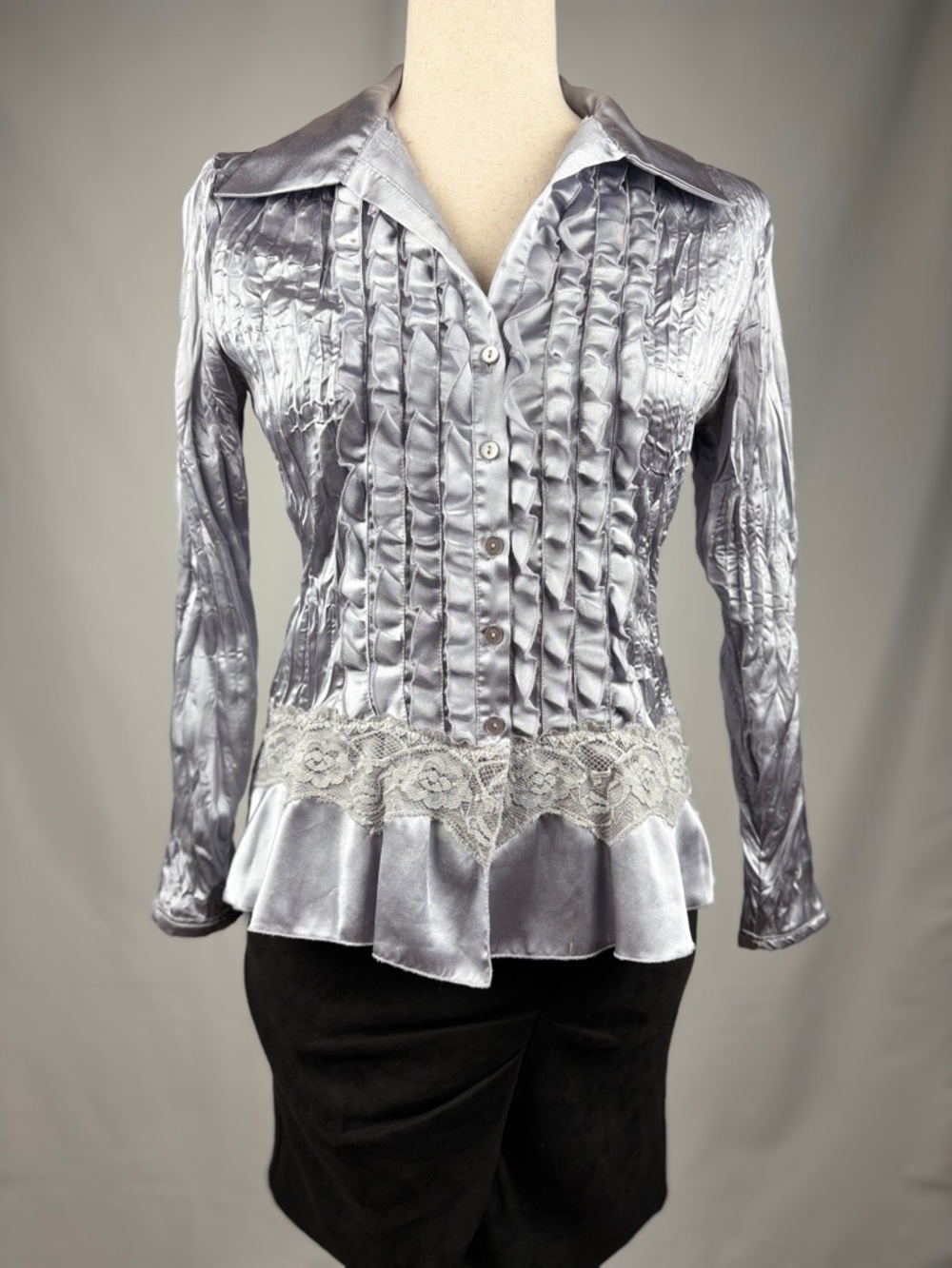Allison Taylor Silver Satin Ruffle Blouse Lace Peplum Top Small